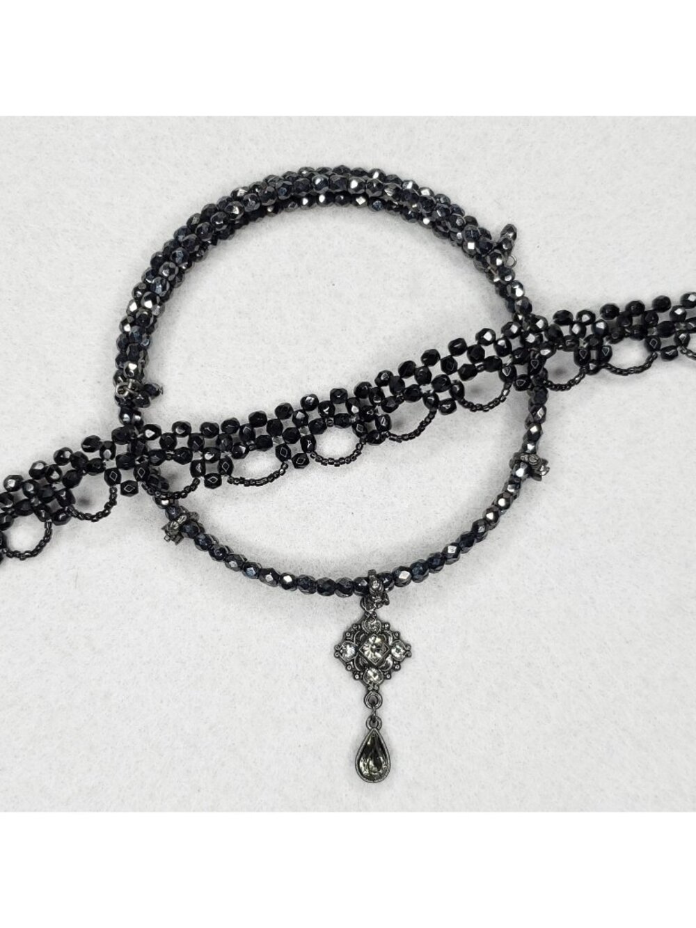 Vintage 1928 Choker Necklace Black Glass Beaded Rhinestone Dangle LC Lot of 2